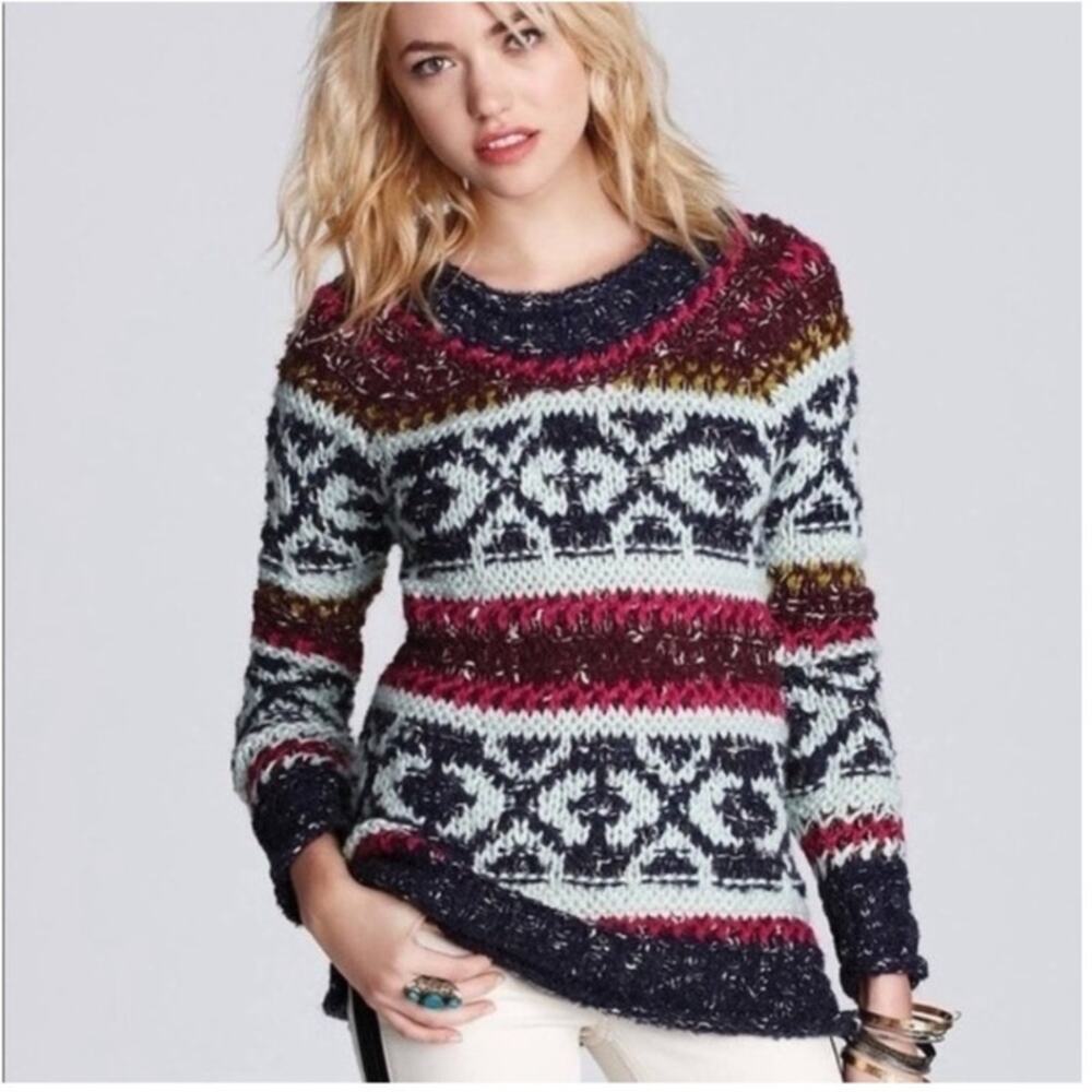 Free People Silver Reed Fair‎ Isle Chunky Knit Sweater Size XS